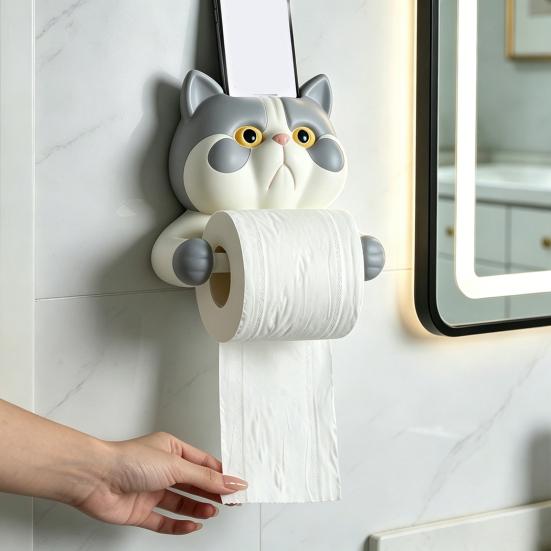 Toilet Paper Holder, Cat Shape Wall Mounted No Drilling Rack, with Phone Holder Multi-Purpose Bathroom Organizer