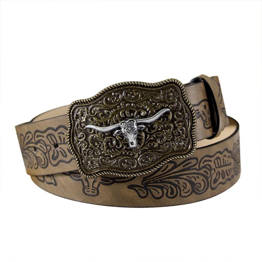 Cow Head Buckle Western Cowboy Belt Retro Waistband Fashion Embossed Belt  For Man Women
