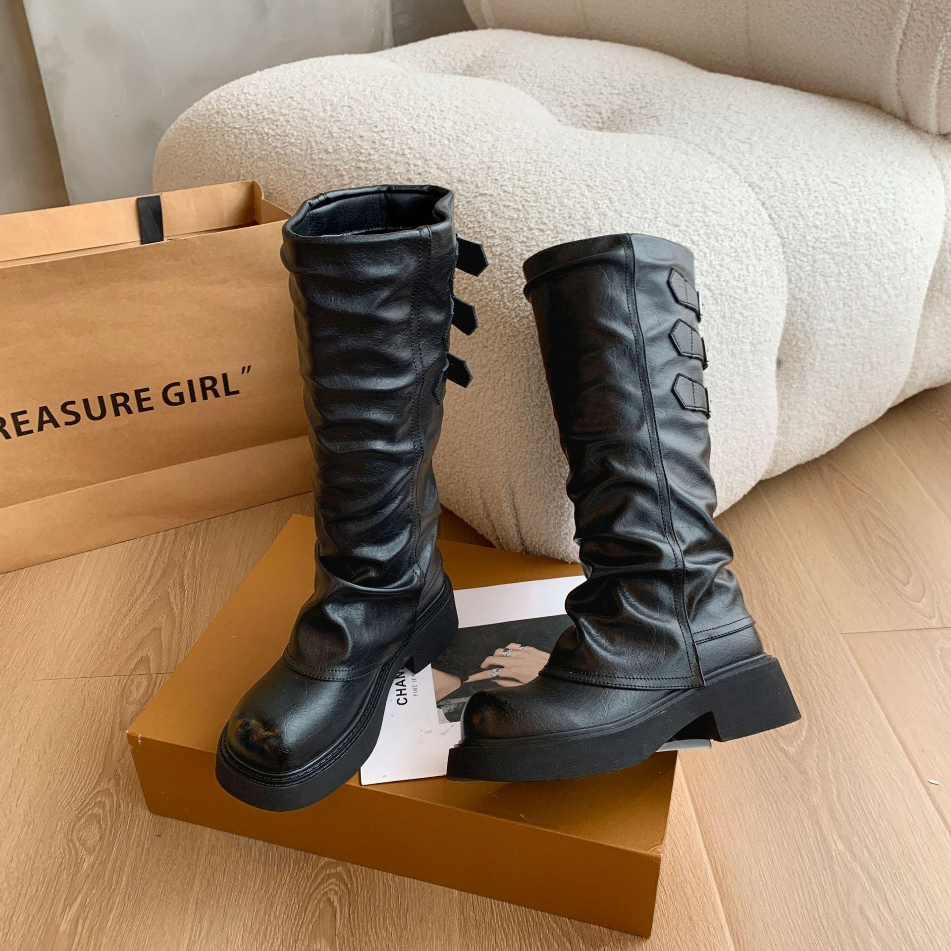 

2025 British style pleated piled boots autumn women s thick-soled sleeve fashion boots thick heel but knee boots tide 40 чёрный