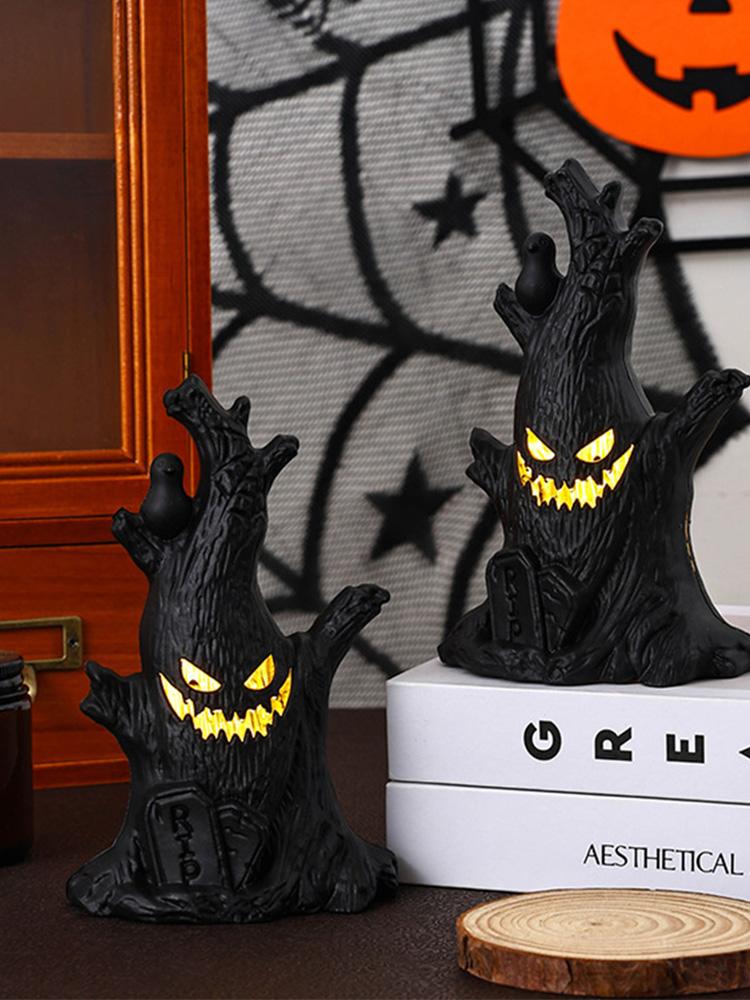 Halloween LED Baumgesicht Figur Batteriebetrieben Geistergesicht Baumstatue Gruseliger Baum Dämon Statue für Spukhaus Dekoration