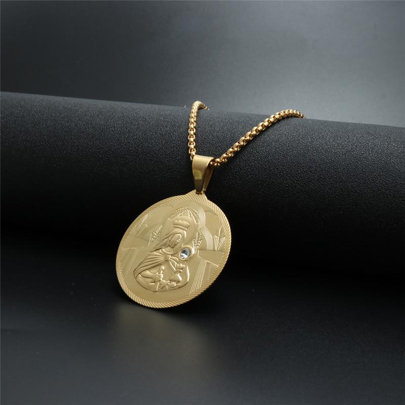 Men Golden Mary Mother of Jesus Round Medallion CZ Pendant Necklace Stainless Steel Virgin Mary Necklaces Jewelry