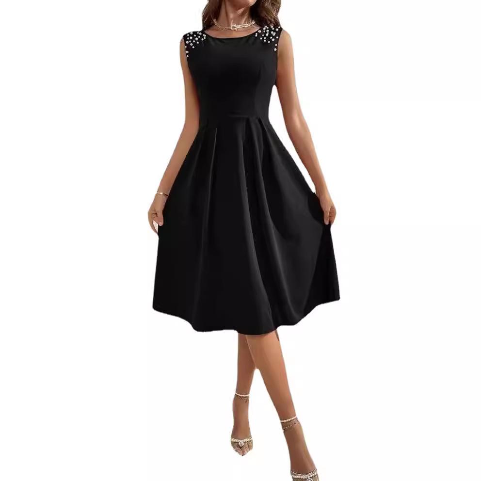 Dress summer new European and American women's clothing slim-fitting round neck beaded sleeveless skirt