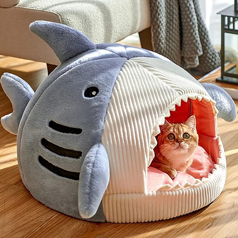 Pet Tent Cave Bed Cartoon Shark Cat Cave Beds for Cats Small Dogs Foldable Removable Non-Slip Semi-Closed Design Pet Hut Goods