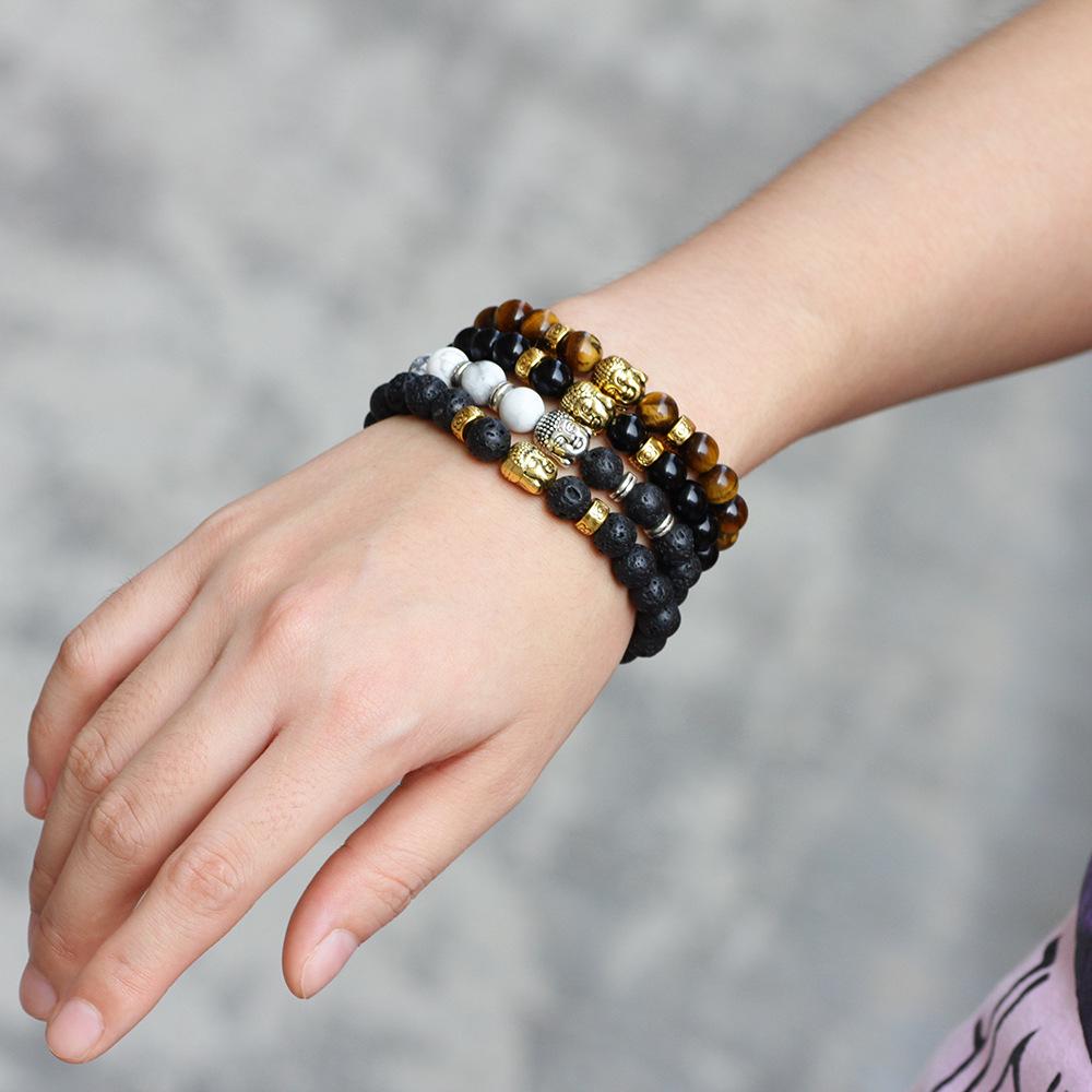 

Lava & Agate Beaded Elastic Bracelet with Buddha Head 8mm for Men