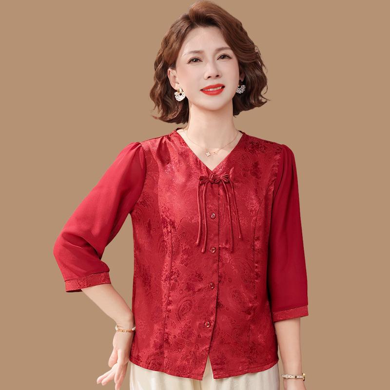 

Fashionable 2026 Chinese Style Seven-Sleeve Chiffon Blouse for Middle-Aged & Elderly Women XL 45-53kg червоний