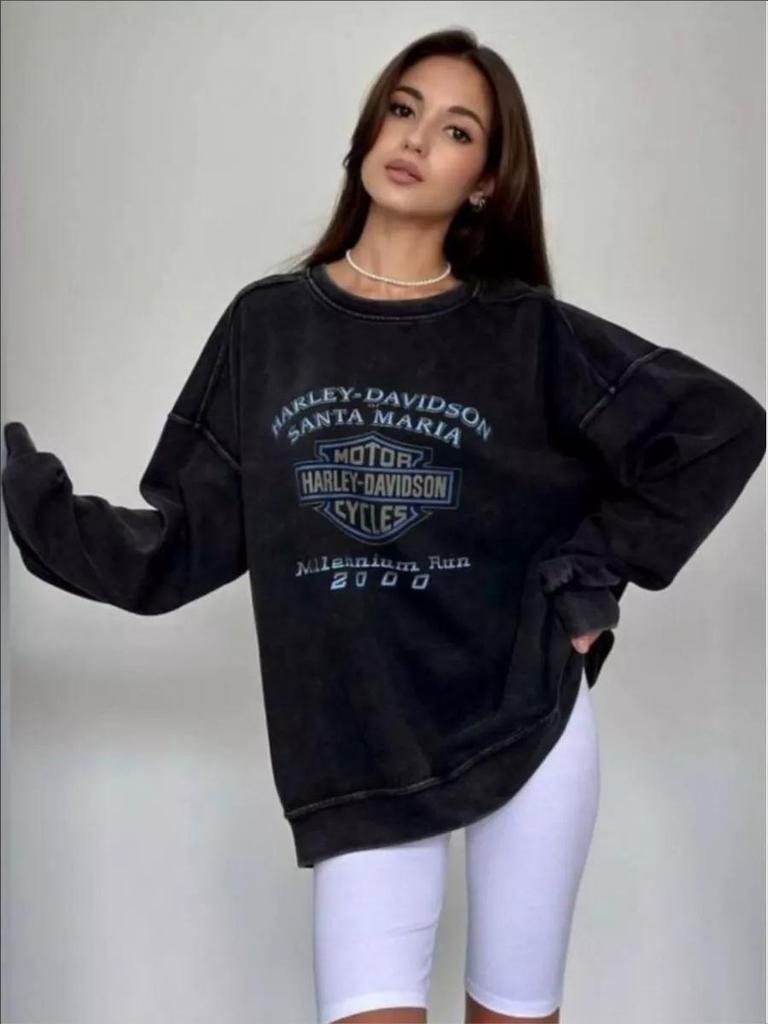 American Retro Oversized Distressed Sweatshirt - Printed Round Neck Pullover Streetwear