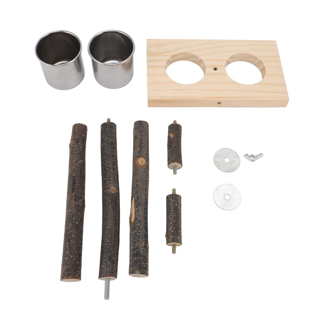 Wooden Perch Stand Hanging Bowls Bird Food Stainless Steel Cups Wood Perch Stand Hanging Feeder