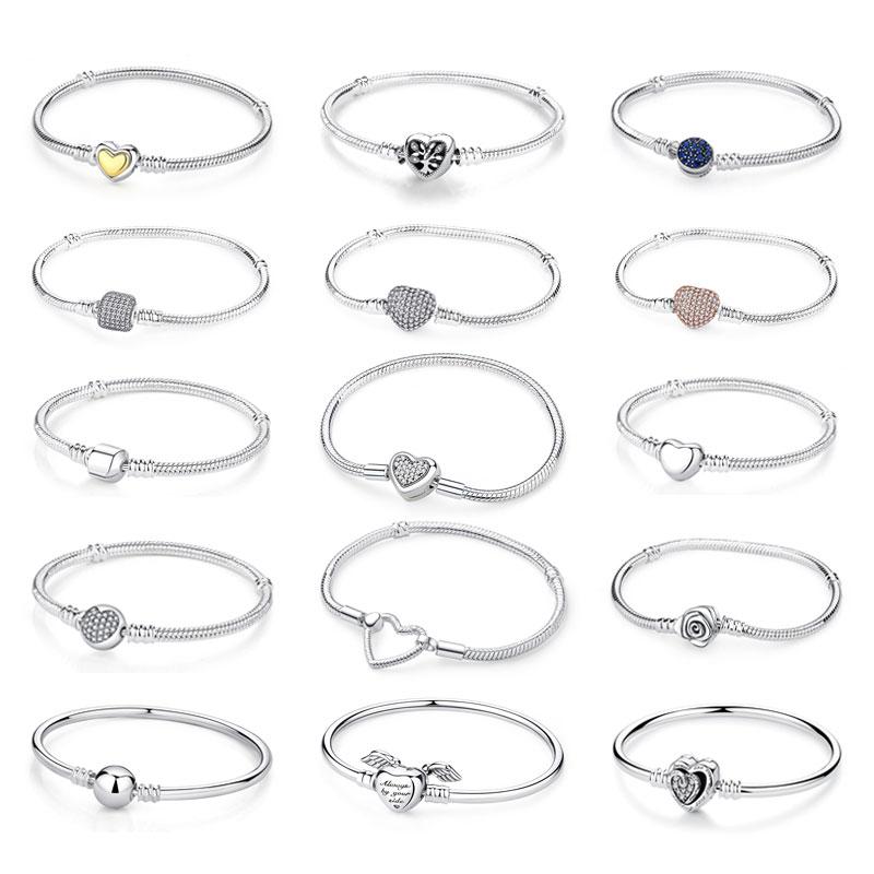 Original 925 Silver Bracelets Bangles Love Heart Clip Charms Beads Snake Chains For Women Rose Gold DIY Luxury Jewelry