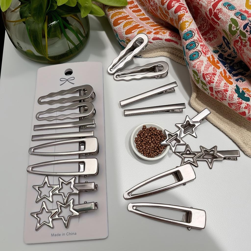 8pcs Elegant Silvery Hair Clips Set Wave Star Geometric and Teardrop Shapes Stylish Bangs and Forehead Clips for Casual Attire