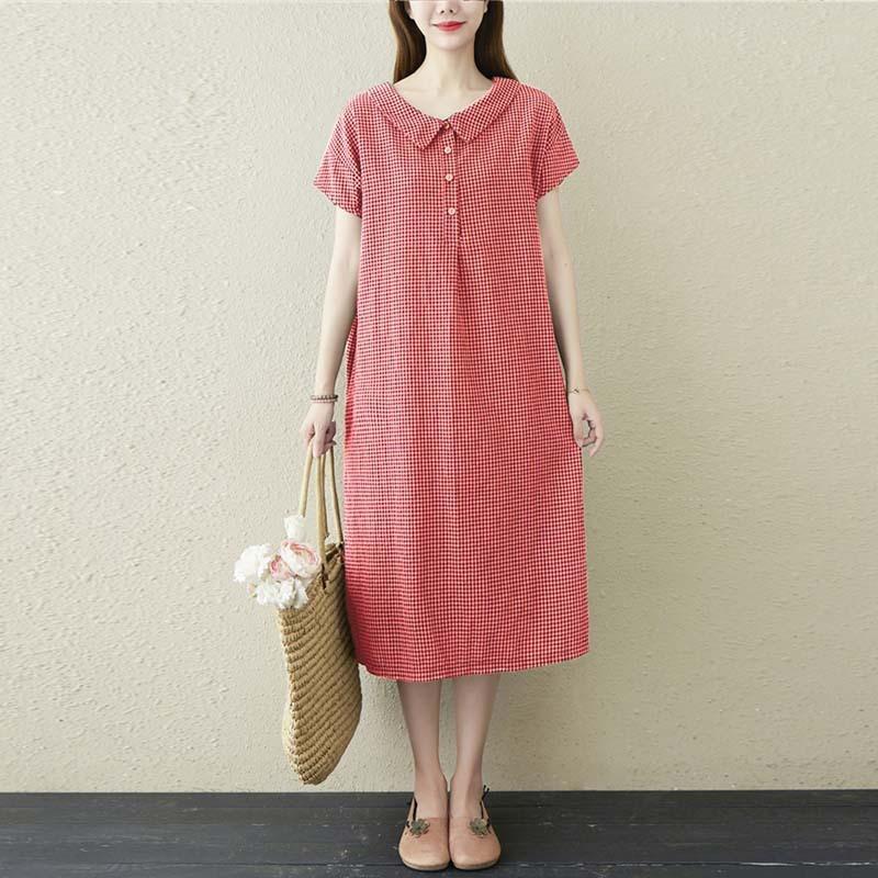 Real Shot Summer New Literary Loose Cotton and Linen Plaid Short-sleeved Dress Women's Shirt Skirt