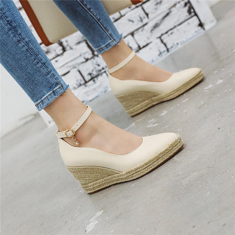 Classic Wedges Shoes For Women Spring Casual Ankle Straps High Heels Pumps Shoes White Green Wedge Wedding Office Shoes Female