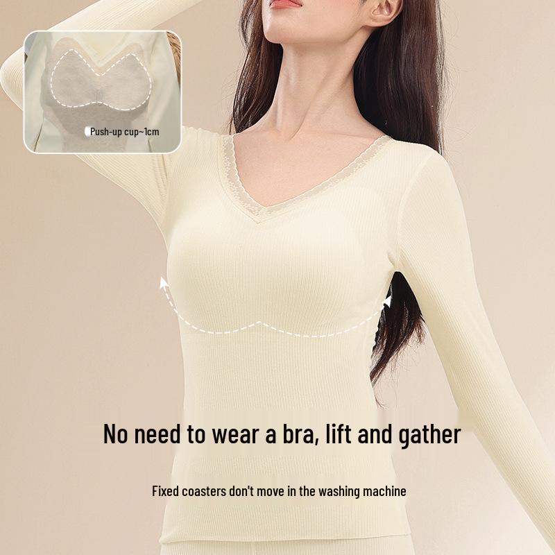 Women's Thermal Underwear Set with Padded Top, Fleece-Lined for Fall/Winter, Wool-Silk Blend