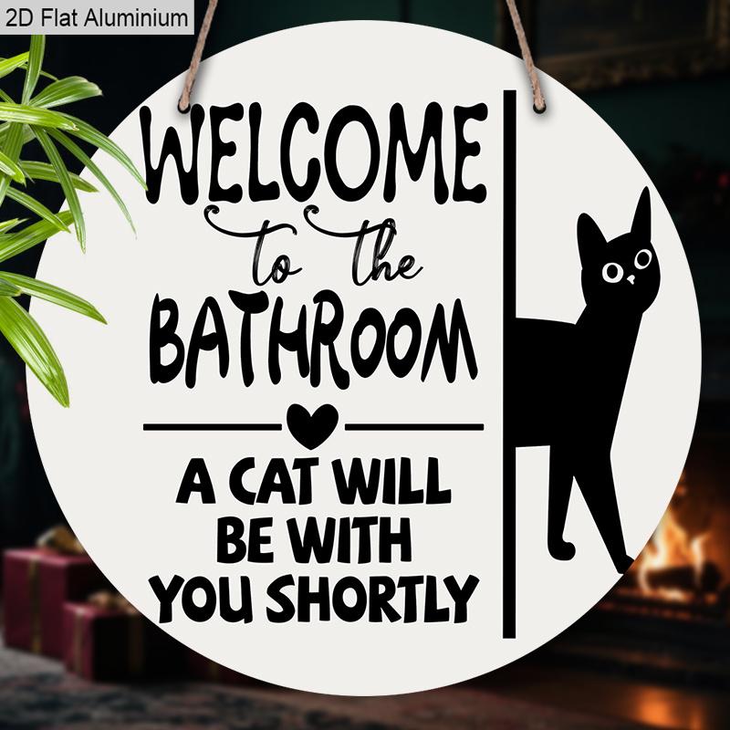 2D Flat Aluminium Bathroom Welcome Sign with Black Cat Pattern - Funny Decorative Sign & Plaque - Ideal for Bathroom Wall Decoration - Home Hanging