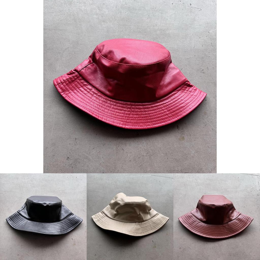 Vintage Pu Leather Bucket Hat With Wide Brim For Streetwear And Sun Protection