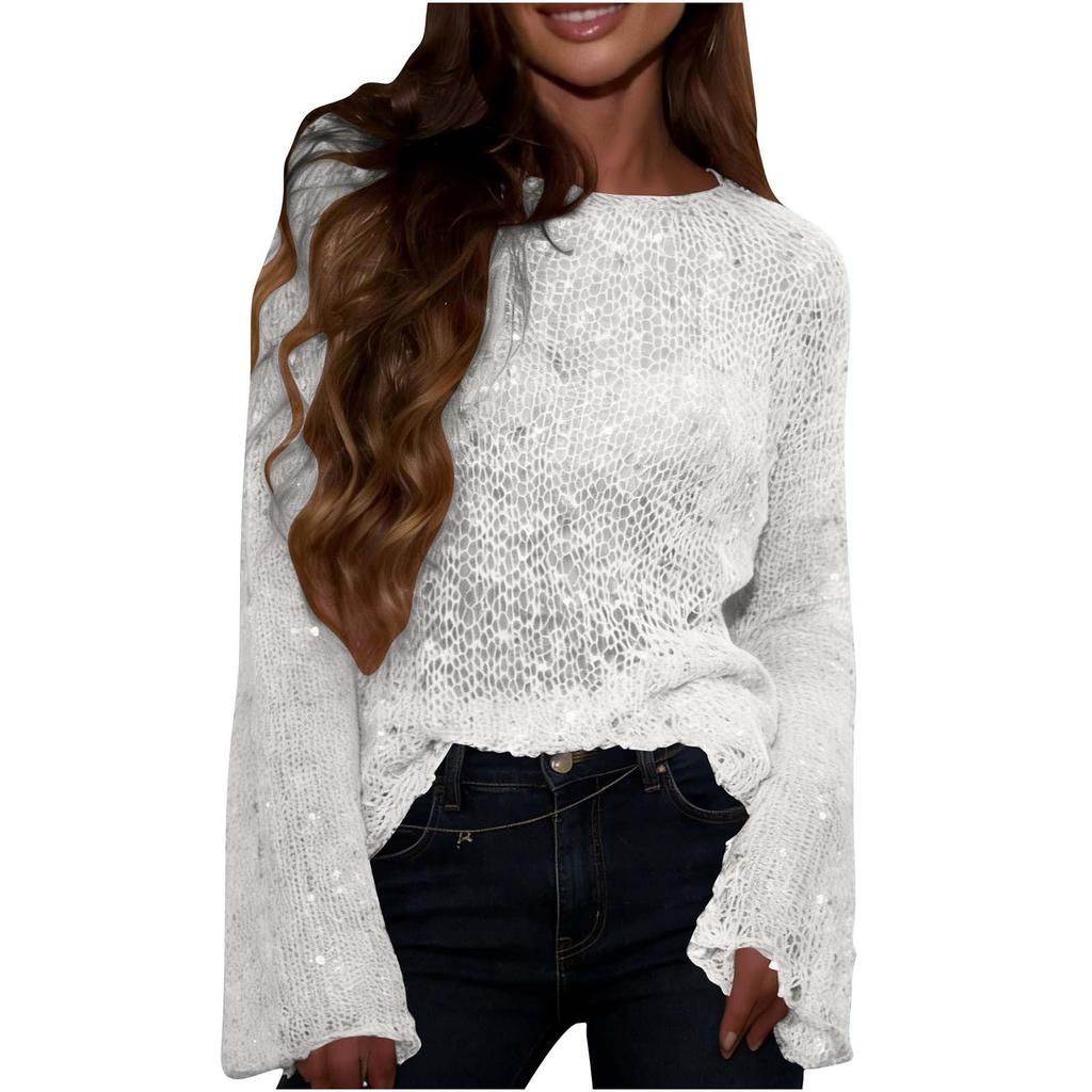 Women Sequin Crochet Sheer Mesh Tops Pullover Tops Shiny Long Sleeve Hollow Out Fishnet Knit Shirt