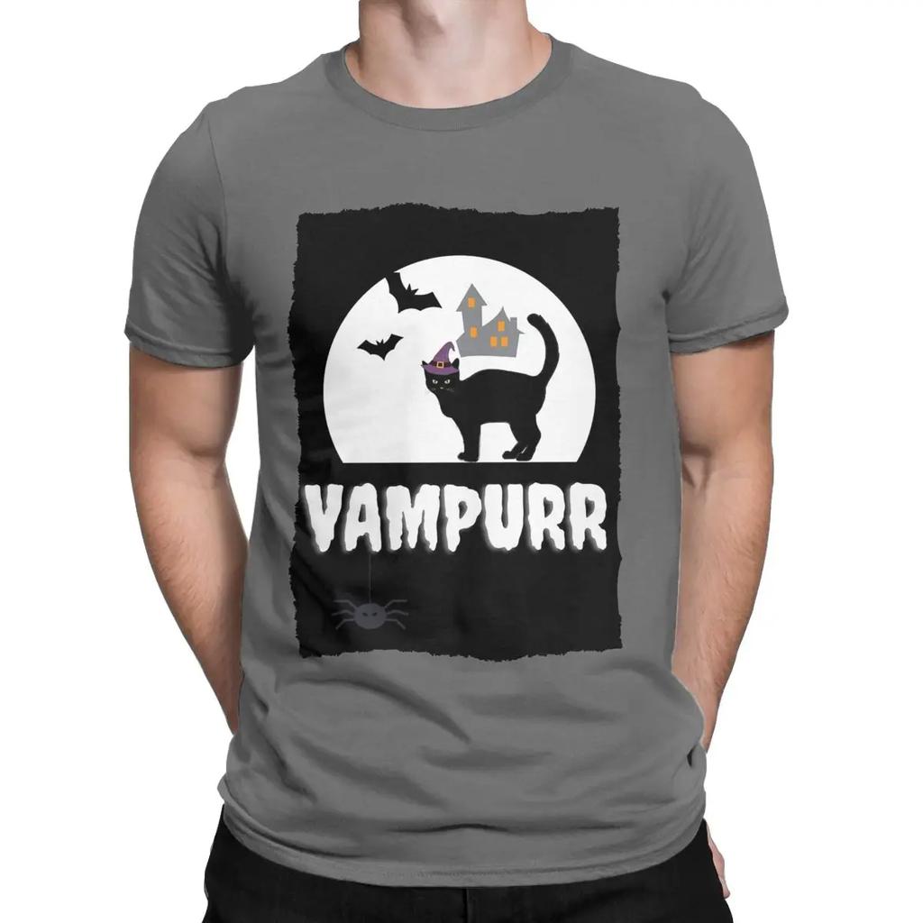 VAMPURR Halloween Bat Cat T-Shirts for Men Funny Pure Cotton Tees Round Neck Short Sleeve T Shirt Adult Tops