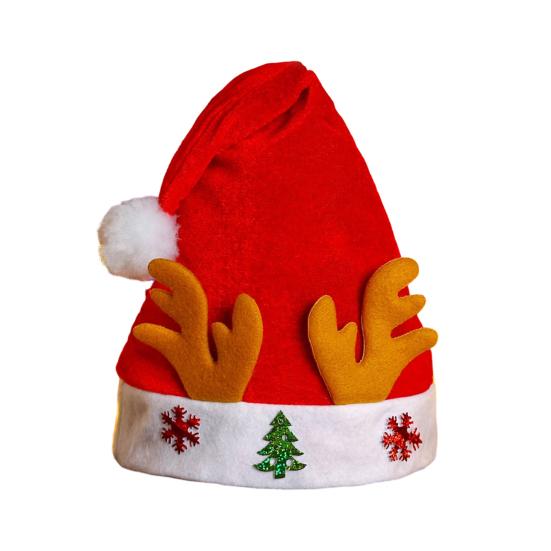 Christmas Hat Children Red Velvet Santa Hat with Cartoon Antler Pattern Decoration Festive Holiday Party Supplies