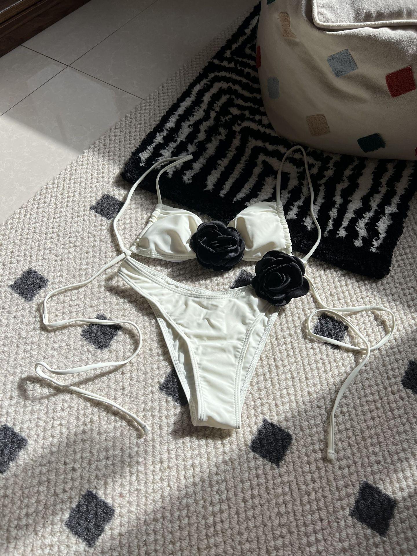 European and American solid color rose drawstring strap split swimsuit bikini bikini S белый