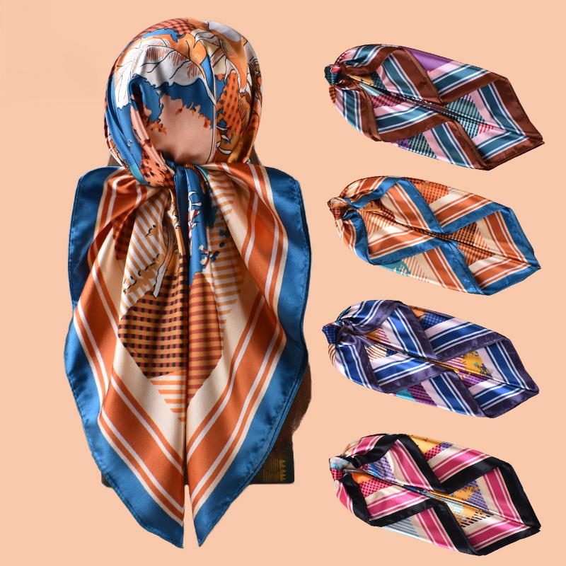 1PC Simple Floral Print Silk Satin Square Scarf Women's Hair Accessory Spring New Versatile