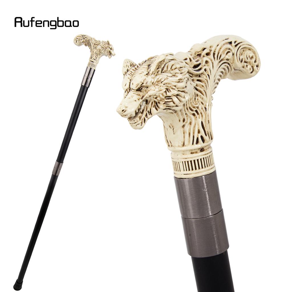 Yellow White Wolf Head Long Handle Decorative Stick Parties Decorative Cane for Halloween Cosplay and Parties Walking Cane 93cm