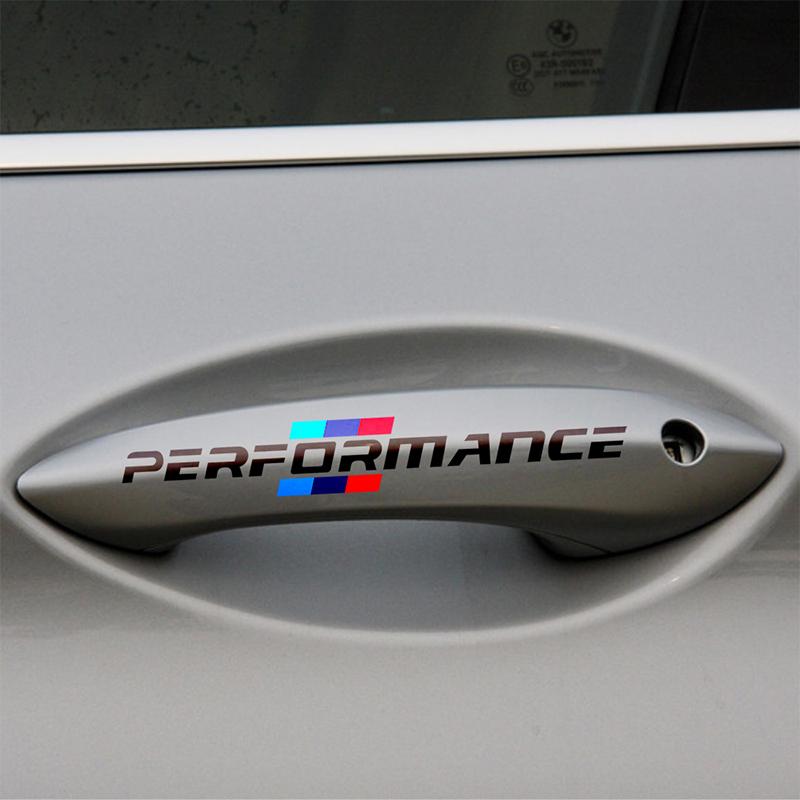 4pcs Car Door Handle Emblem Performance 3D Stickers For Bmw M F30 F31 F34 F35 F80 G30 G31 F01 F02 F20 F21 F52 E46 X1 X3 X5 X6 X7