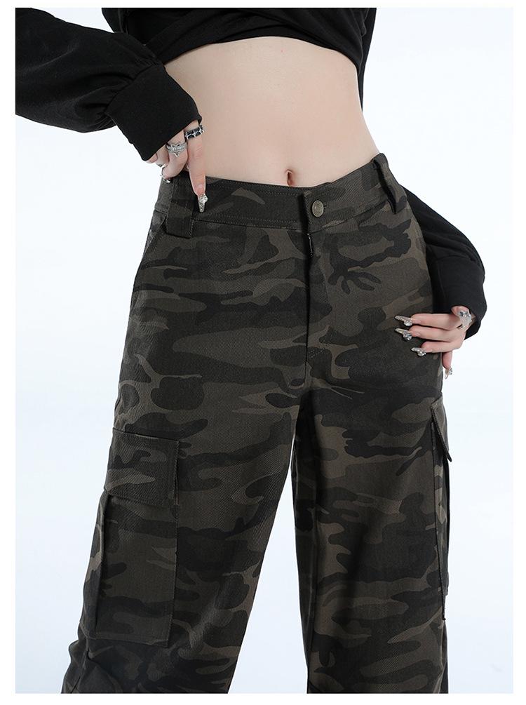 Women's American Retro Camo Work Pants: Spring High Street, Hip Hop Style, Loose Micro Flare, Floor-Length, Drape Casual Trendy.