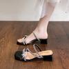 French Crystal Thick-heeled Slippers Women's Outer Wear 2025 Summer New Rhinestone Bow Fairy Style One-word High-heeled Sandals