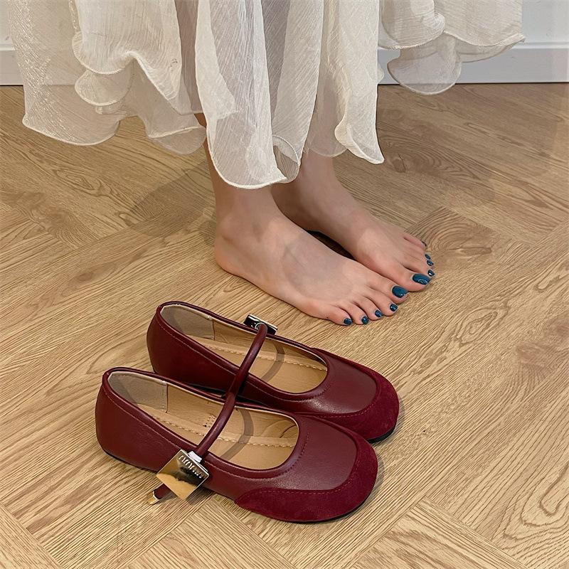 Soft Leather Retro Round Head Metal Buckle Women's Spring and Autumn New Ugly and Cute Small Leather Shoes Women