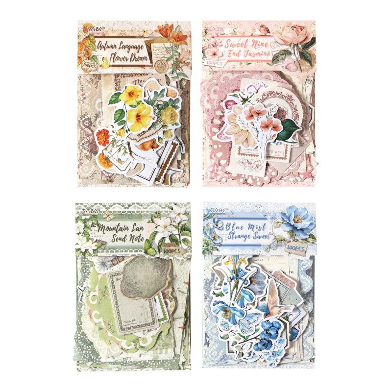 100 - Sheet Vintage Floral Pattern material & Sticker Set, Retro Flower Designs for Hand Account & DIY Crafts
