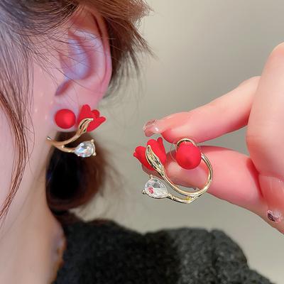 Orecchini a bottone con fiore di tulipano nero da donna, nuovi orecchini alla moda con temperamento a due strati, orecchini pendenti posteriori di nicchia