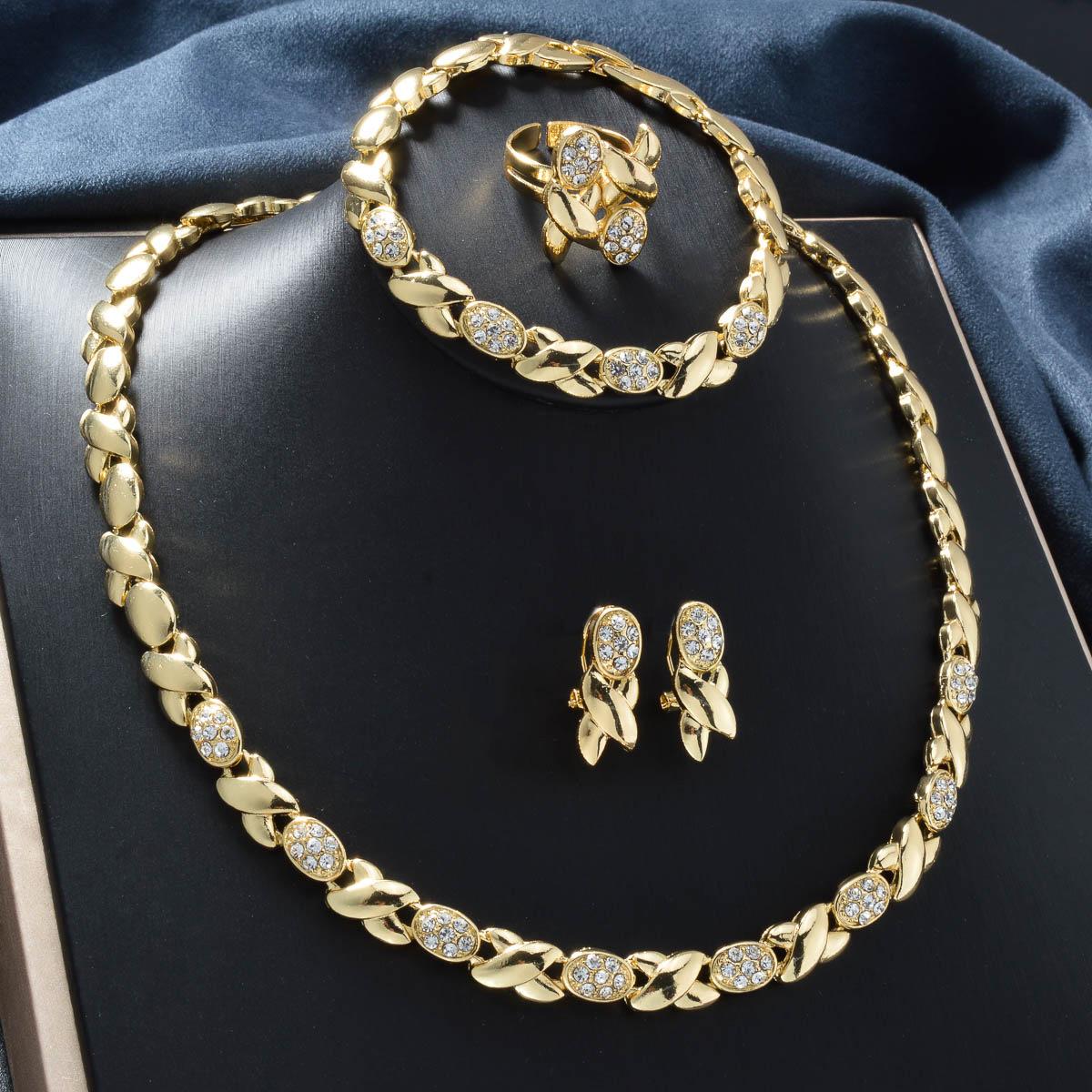 2026 New Jewelry Set Geometric Twist Rhinestone Copper Necklace Earrings Bracelet Ring Wedding Set 18K