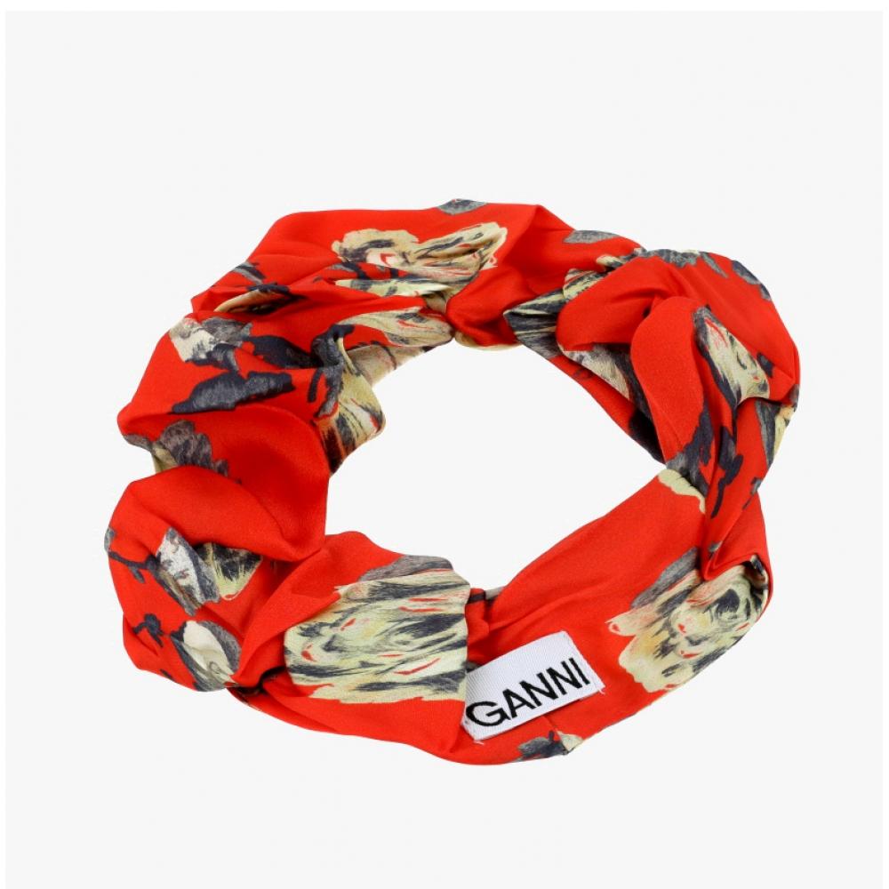 Ganni A6247 034 Orange Floral Print Scrunch Stirnband