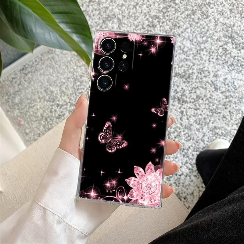 Beauty Pink Butterfly Phone Case S25Ultra For Samsung Galaxy S25 S24 S23 S21 Ultra S20 FE S22 Plus A35 A55 5G Case Clear Cover