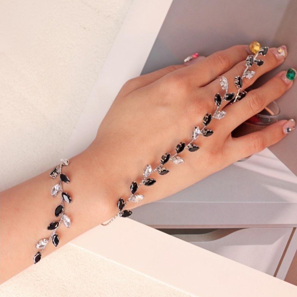 Metal Inlay Leaf Cubic Zircon Hand Palm Bracelet Rhinestones Bridal Wedding Bangle  Wedding черный белый