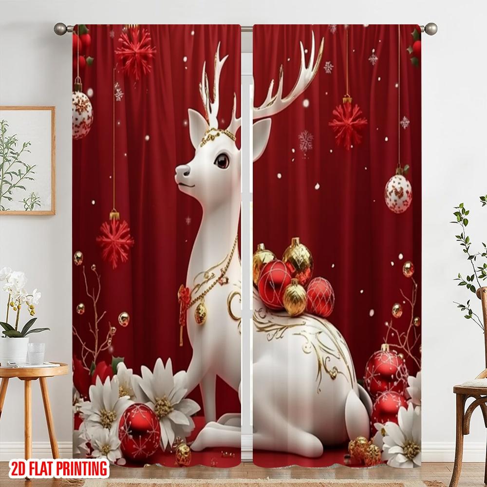 2pcs,2D Plane Printing Contemporary Curtains White Christmas Reindeer Polyester (without Rod) Festive Use for Kitchen Living
