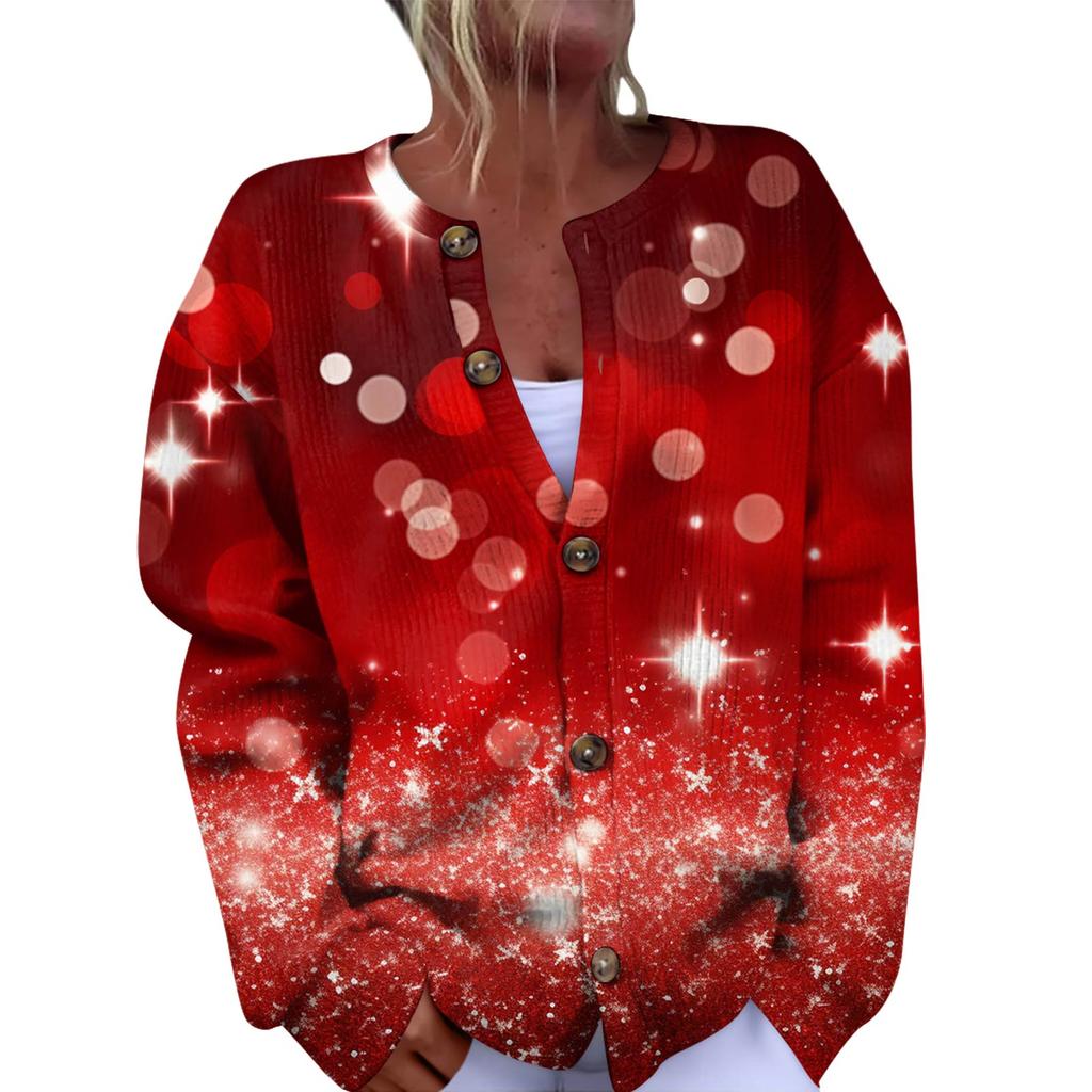 Women's Fashion Christmas Printed Long Sleeve Knitted Cardigan Button Down Jacket