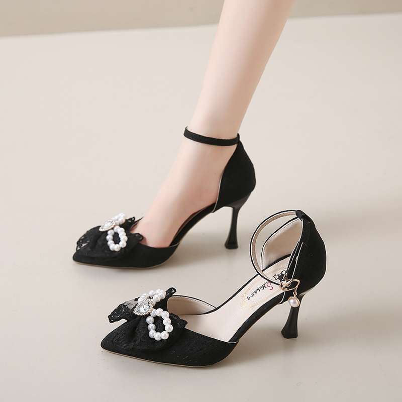 Fairy style bag head sandals female thin heel pointed high heels summer new pearl bow versatile hollow shoes
