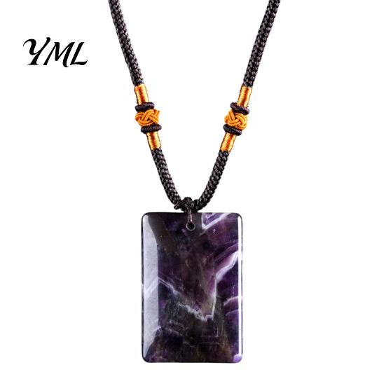 Rectangle Faux Gemstone Necklace Natural Crystal Pendant Necklace, Healing Energy Stone with Adjustable Polished Braided Rope, Fake Jewelry
