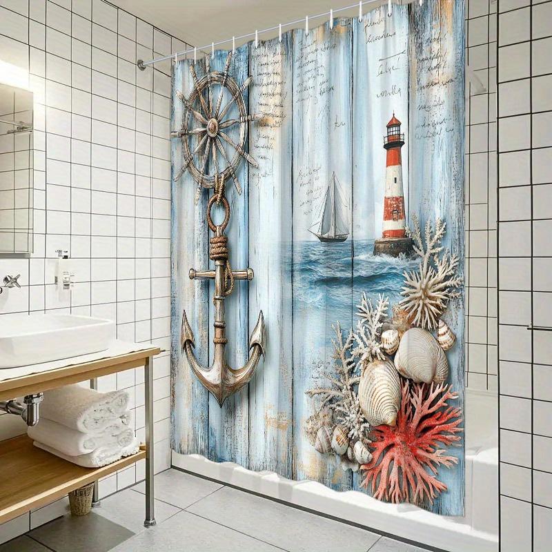 1pc Coastal Nautical Shower Curtain - Weathered Anchor, Ship’s Wheel & Lighthouse, Distressed Blue Wood, 70.8x70.8", Polyester