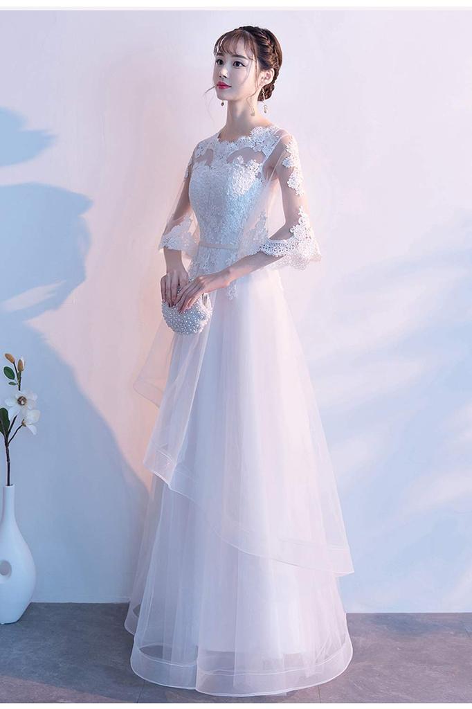 Cute Wedding Party Bridal Dress with Long White Size [Ominefans] Dress, Princess-Style Dress, Sleeves, Dress, (White A-Long Length, M)