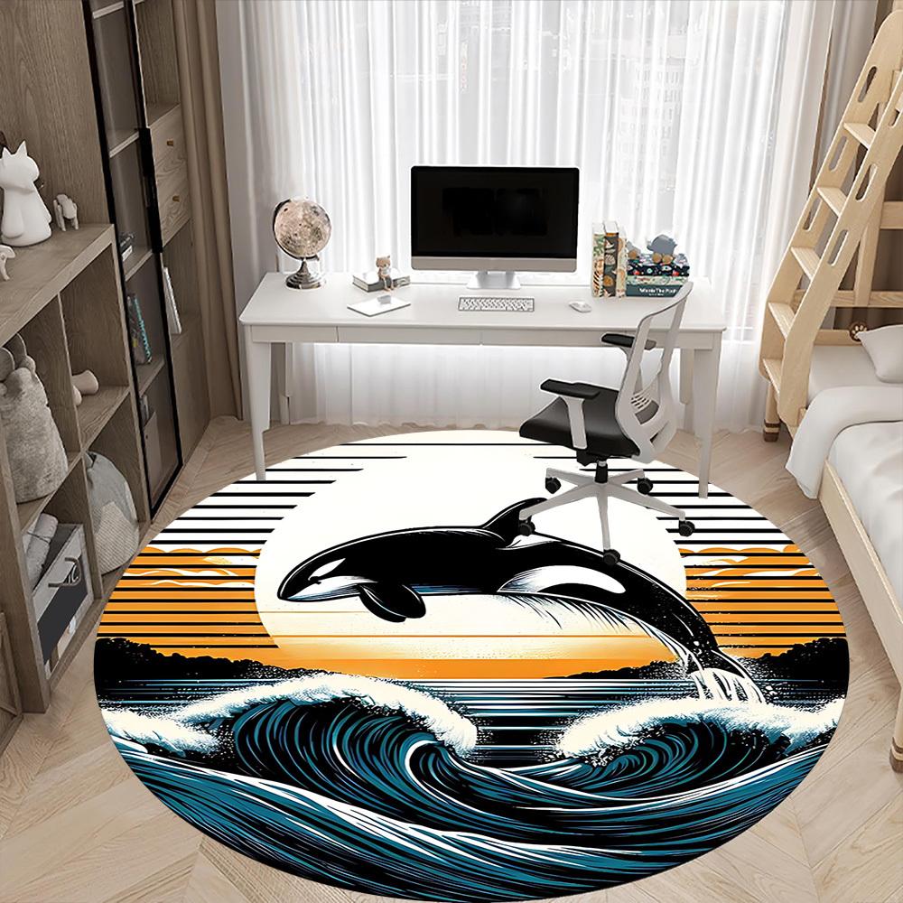1pc Whale Waves Office Round Area Rug, Indoor Mat Suitable For Office, Under Office Chairs Bedroom Living Room Home Decor, Room Deco