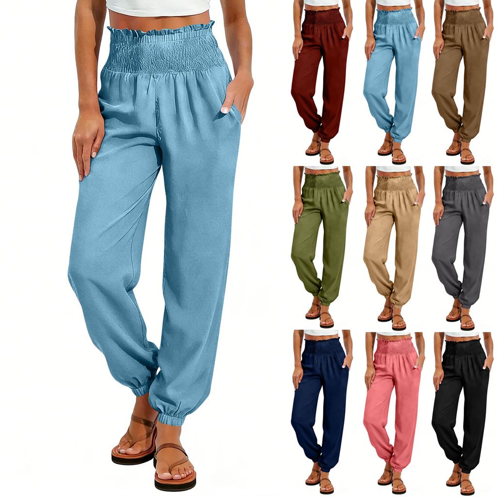 Women's Fashion Color Elastic Waist Pocket Loose Leg Tight Casual Pants