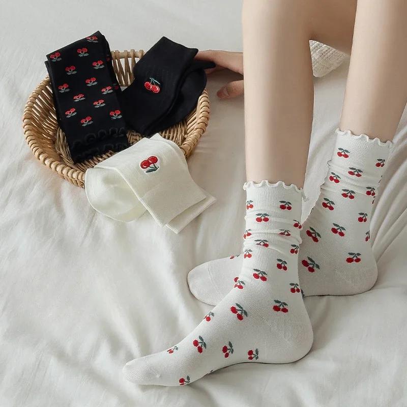 Ricamo Ciliegia Calzini Donna Moda Giapponese Maglia Cotone Nero Bianco Calzini Lunghi Donna Ragazza Dolce Lolita Kawaii Calzini con Volant