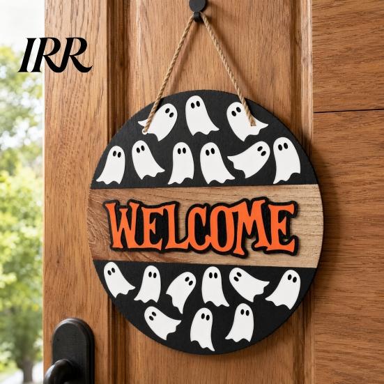 Haunted House Door Sign Halloween Hanging Sign, Wooden Front Hanger Wreath, Cute Eye-catching Ghost Welcome for Porch Wall Indoor Home Decoration