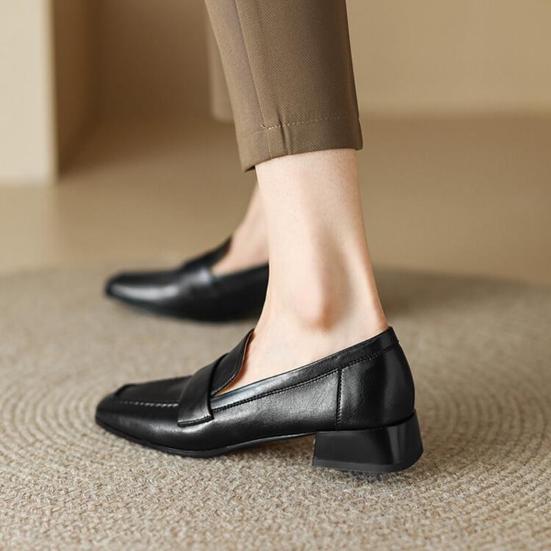 Fashion NEW Spring/Autumn Women Loafers Square Toe Chunky Heel Shoes Split Leather Shoes for Women Concise Low Heel Slip-on Women Pumps