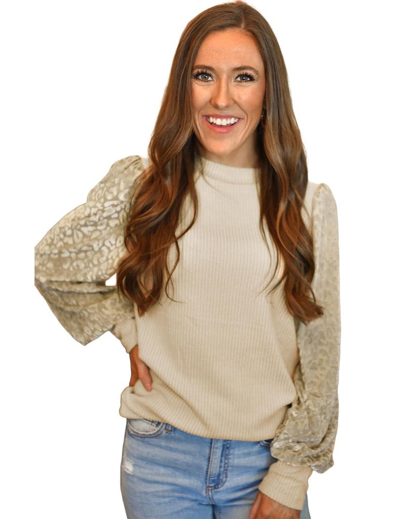 Azura Exchange Leopard Print Long Sleeve Ribbed Knit Blouse