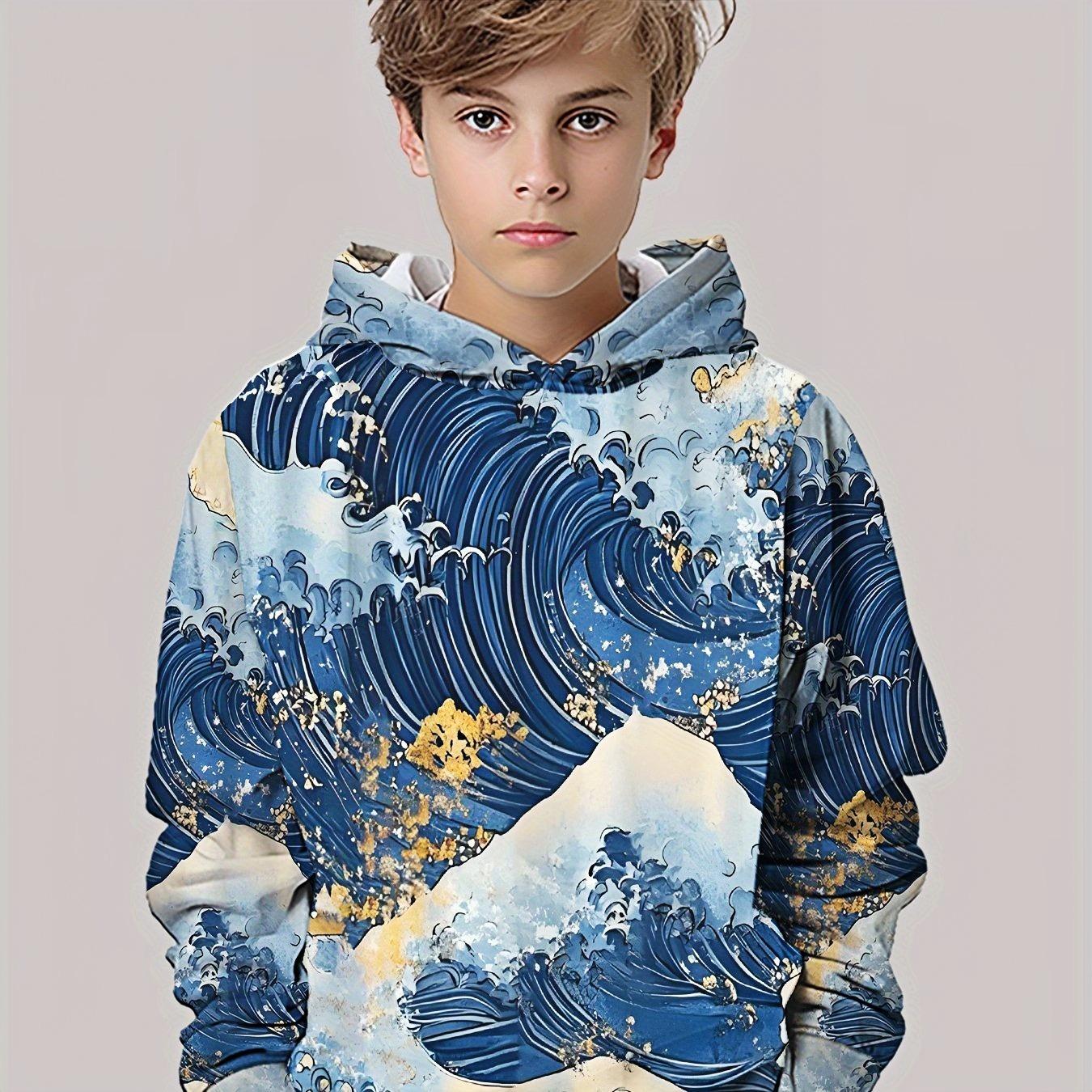 

Худи с художественным узором в стиле укиё-э «Золотые волны», напечатанным цифровой 3D-печатью 13-14Y