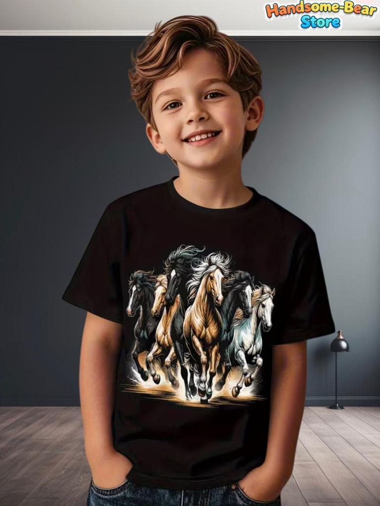 Children's Clothing Boys T-Shirt 3D Horse Print Short Sleeve Fashion Kids Summer Clothes Casual Child Girls Clothing O-Neck Tops