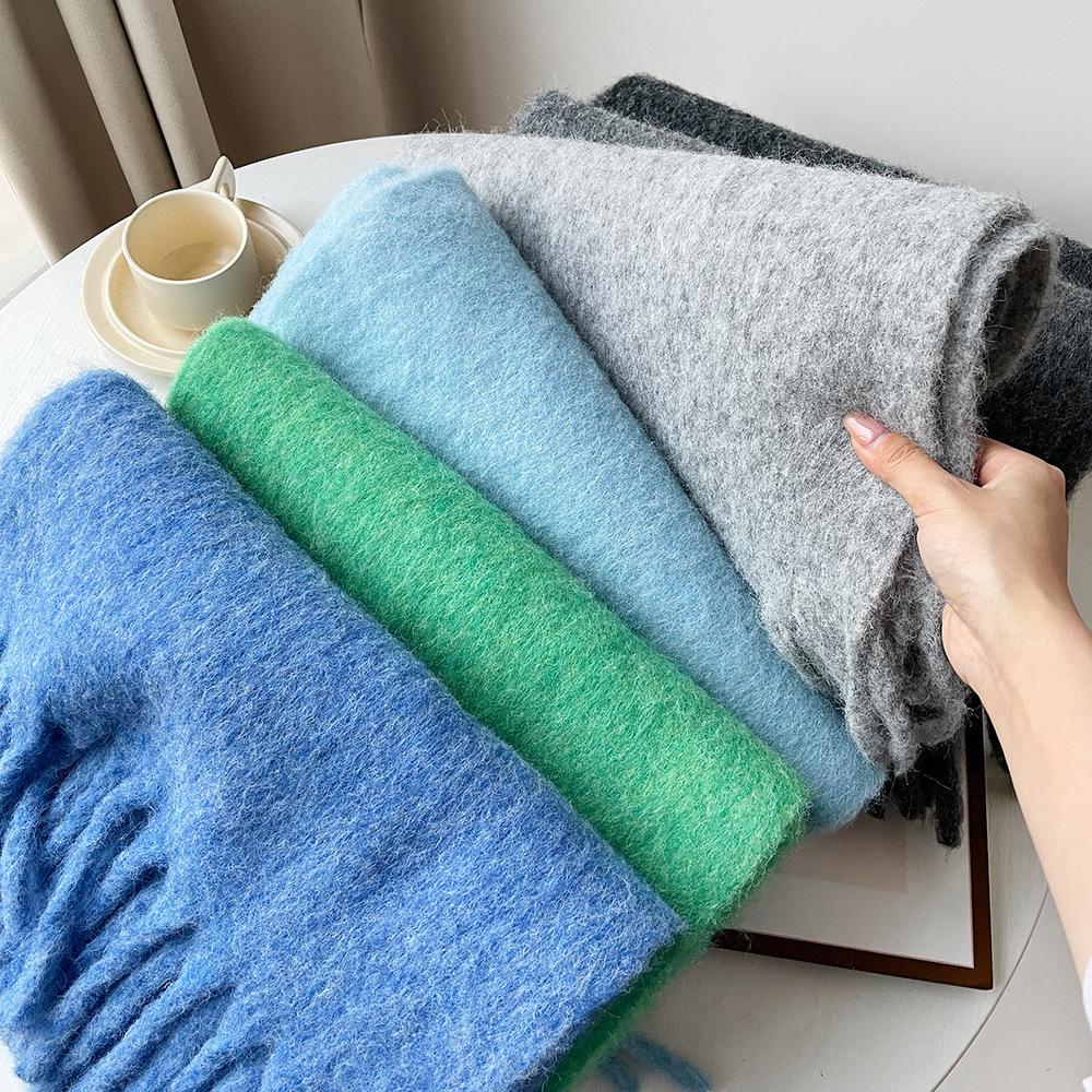 Black Mohair Scarf Women's Versatile Premium Sense Thickened Warm Wool Scarf Solid Color Scarf Shawl