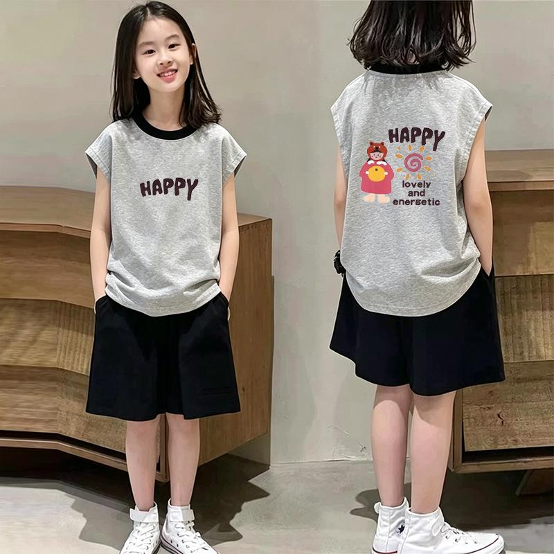 Girls' Cotton Color Block Vest Set – Stylish Sleeveless Summer Outfit for Medium To Large Children Aged 6-15